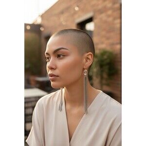 Silver and Black Tone Tassel Earrings Chain Dangle Fringe Pierced Blue Stone